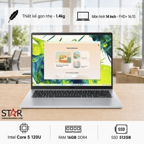 Laptop ACER Aspire Go 14 AG14-72P-563L | Core 5-120U, 16G DDR4, 512G NVMe, 14" FHD, Win 11, Bạc (NX.JSBSV.002)
