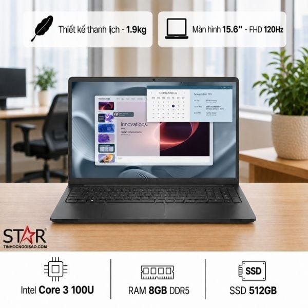Laptop Dell 15 Pro Essential PV 15250 (VKVKD) | Intel Core 3-100U, 8GB DDR5, SSD 512GB NVMe, 15.6" FHD IPS 120Hz, Intel Graphics, Dos/Ubuntu, Đen