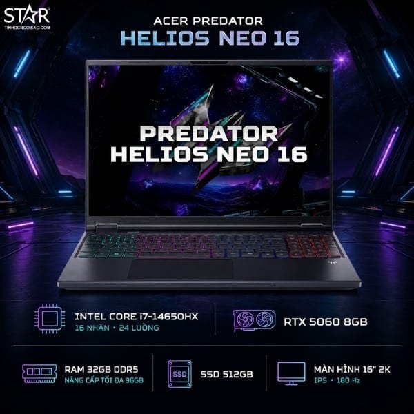 Laptop Gaming Acer Predator Helios Neo 16 PHN16-I31-72XE (NH.U4RSV.001) | i7-14650HX, 32GB DDR5, SSD 512G NVMe, 16" 2K+ 180Hz, RTX 5060 8GB, Win11, Đen