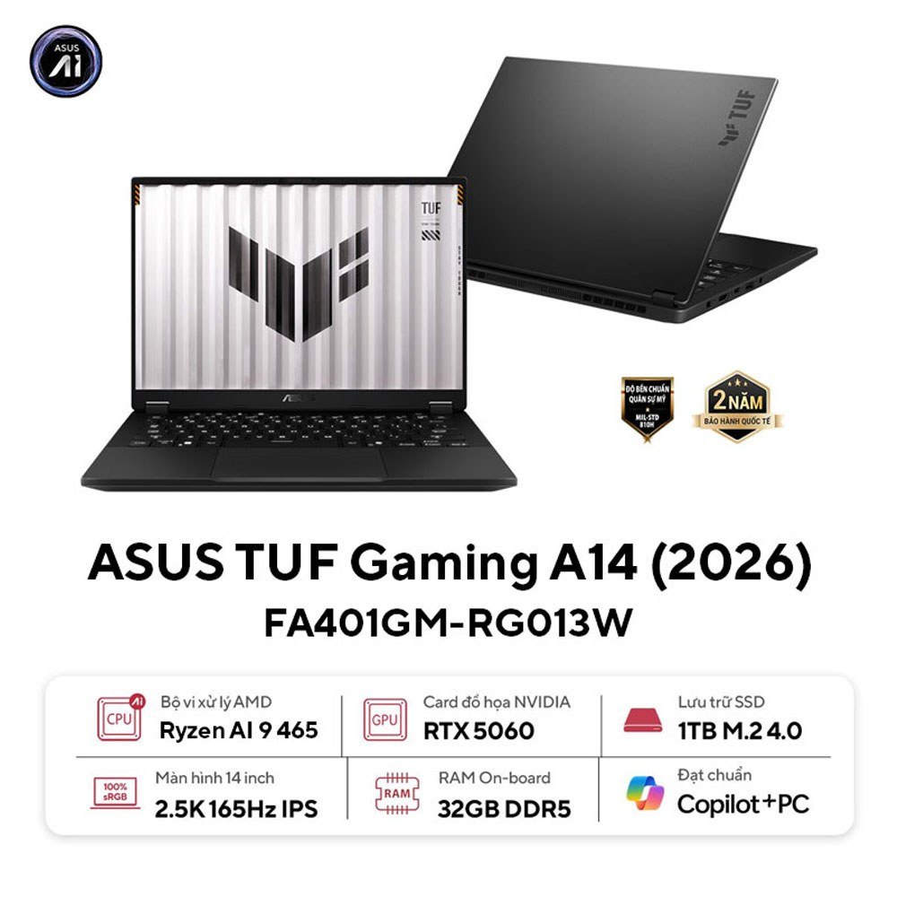 Laptop Gaming ASUS TUF Gaming A14 FA401GM-RG013W | Ryzen AI 9 465, 32GB DDR5X, 1TB NVMe, RTX 5060 8GB, 14" WQXGA 165Hz, Xám