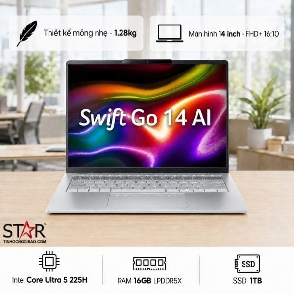 Laptop văn phòng Acer Swift Go 14 AI SFG14-74T-55HD (NX.JF9SV.001) | U5-225H, 16GB LPDDR5X, SSD 1TB NVMe, 14" FHD+ Touch, Bạc