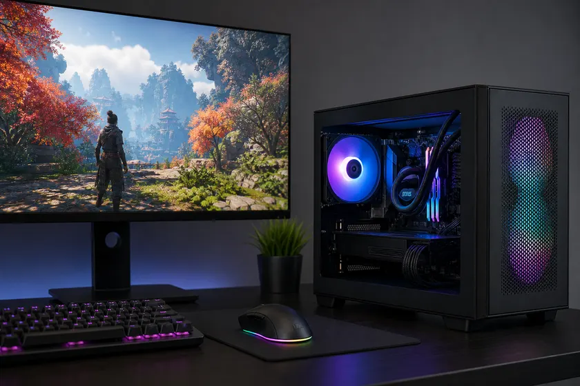 PC gaming mini kích thước nhỏ gọn đặt trên bàn làm việc với màn hình gaming